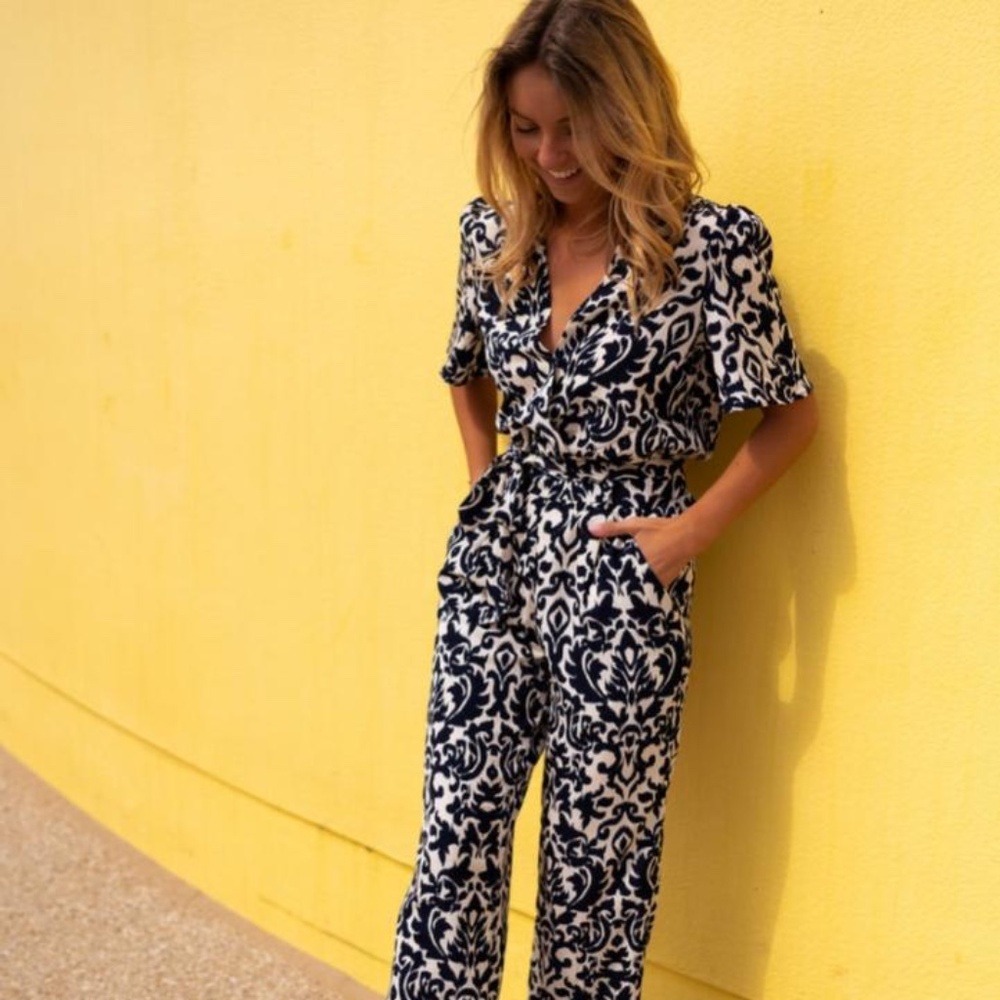 Easy Clothes Ecru And Blue Lea Jumpsuit Size S/M